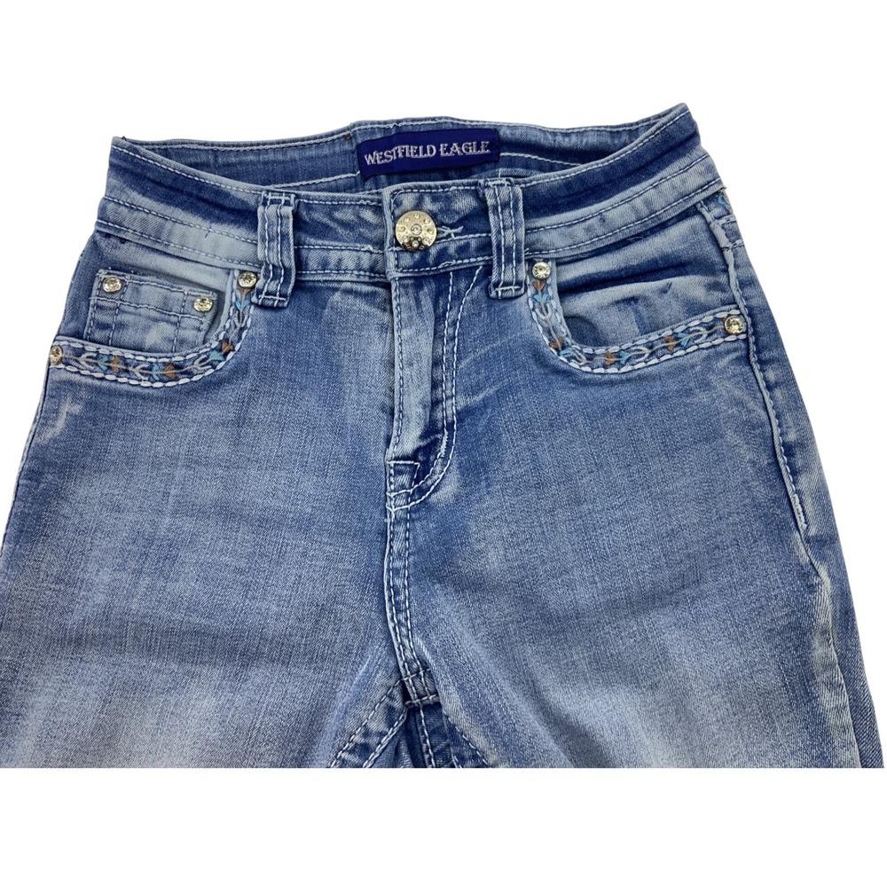 Westfield Eagle Bootcut Jeans Juniors Size 1 Blue Rhinestone Embroidered Flare